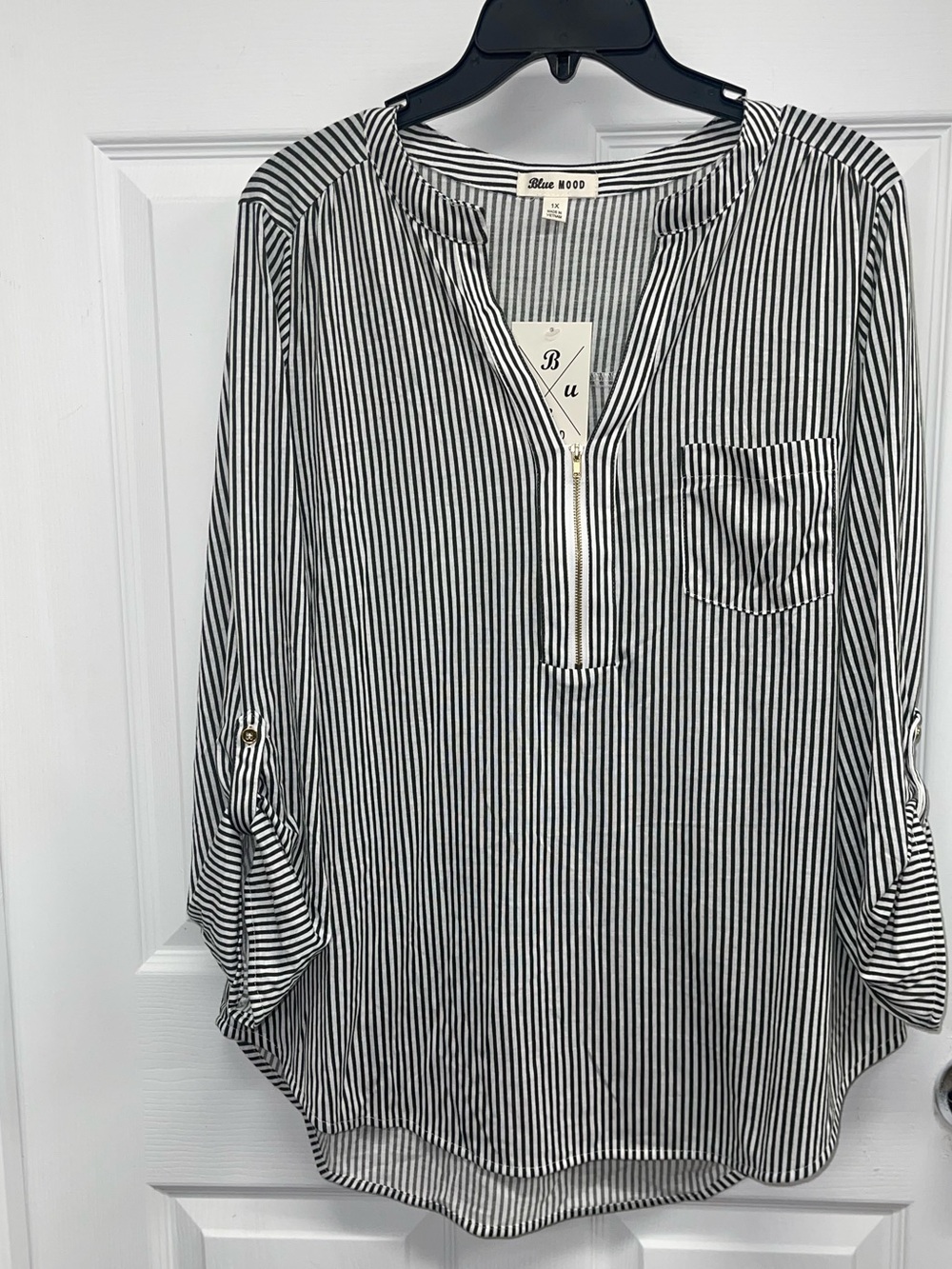 Blue Mood NWT Striped Zipper Blouse Plus Size 1X Roll Tab Sleeve
